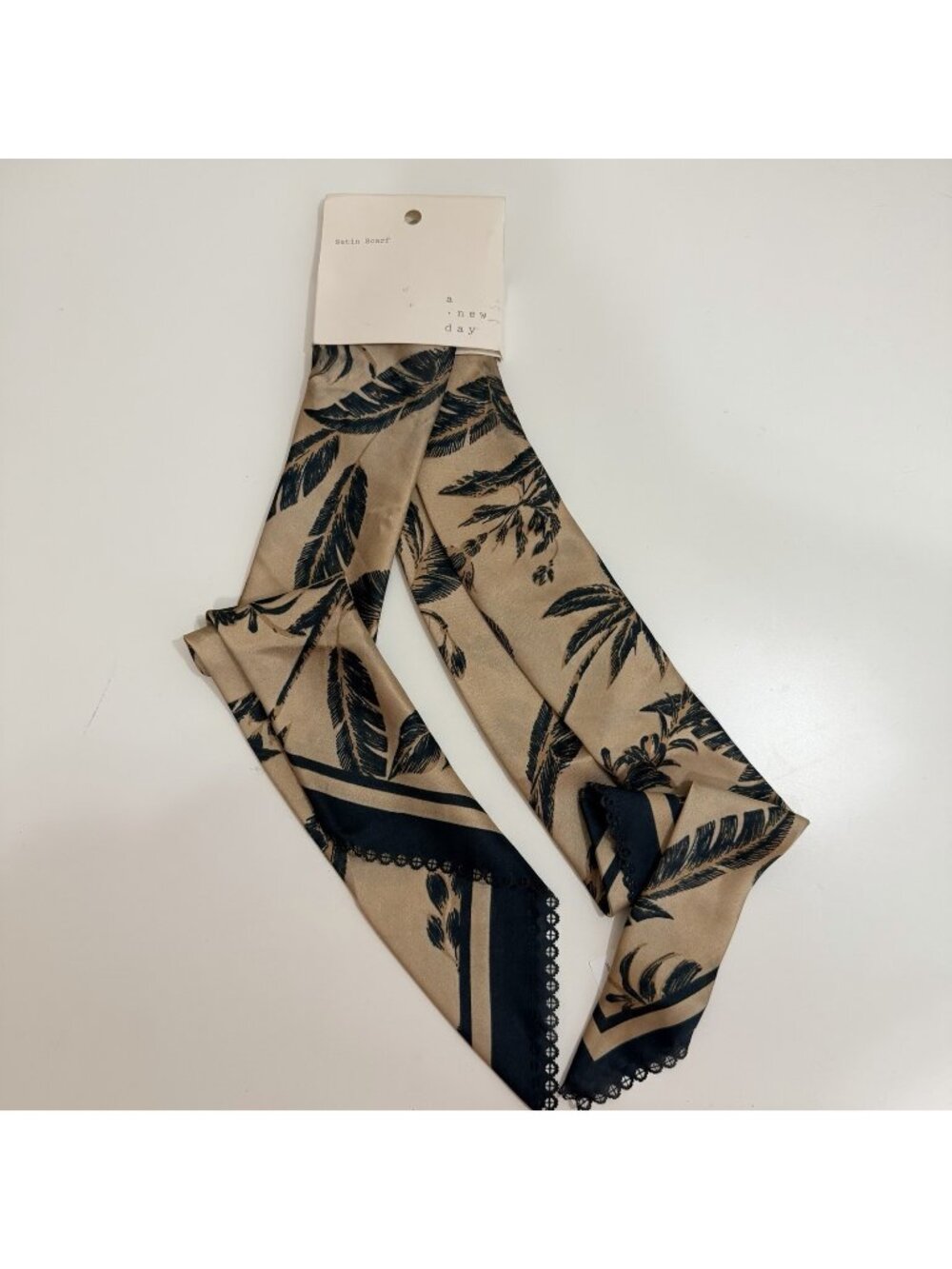 A New Day Womens Satin Scarf 31” X 31” Tropical Leaves On Brown